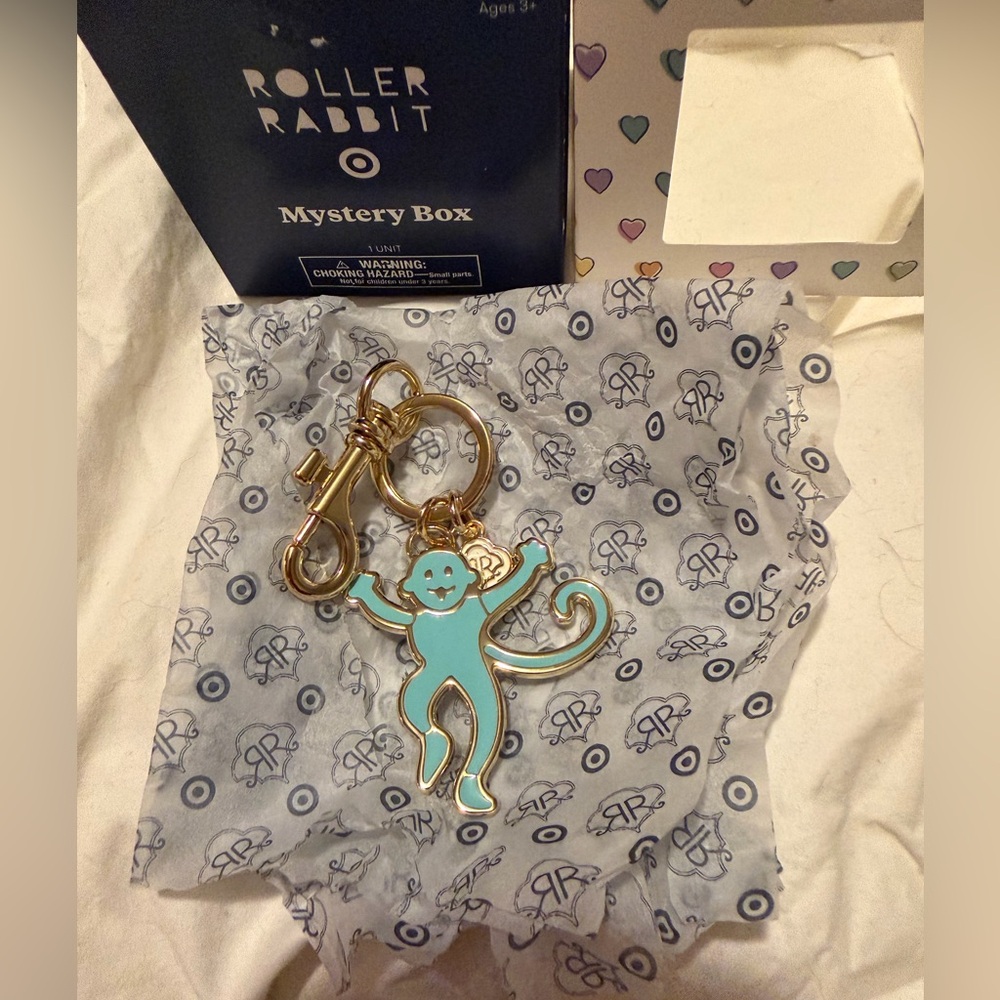 Roller Rabbit Target Turquoise Monkey Enamel Keyc… - image 1
